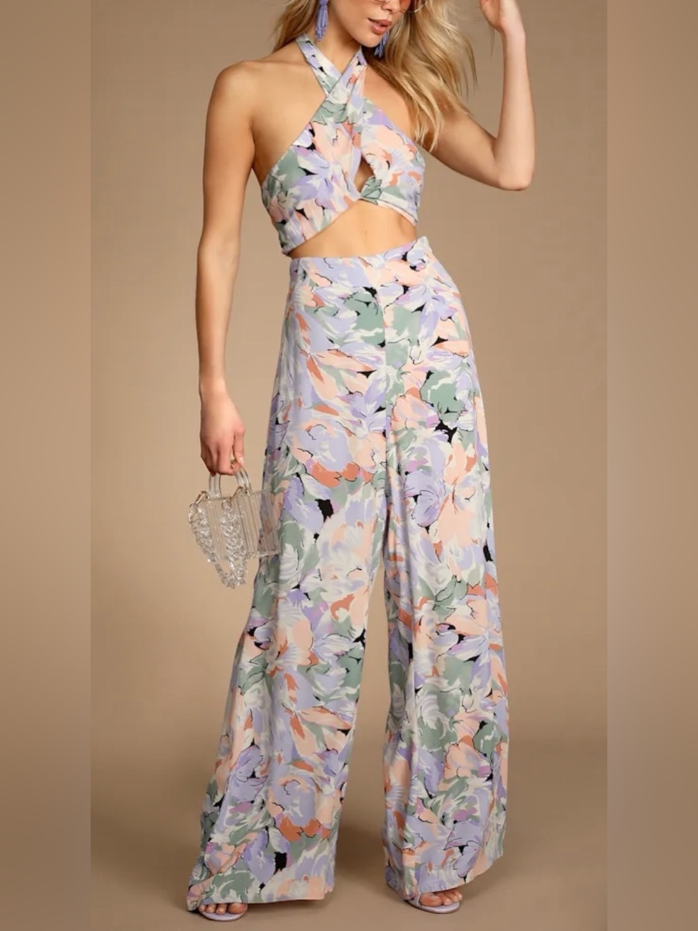 Lulus Palm Beach Babe Lilac Floral Print Wide-Leg Pants and Top Set Medium NWT